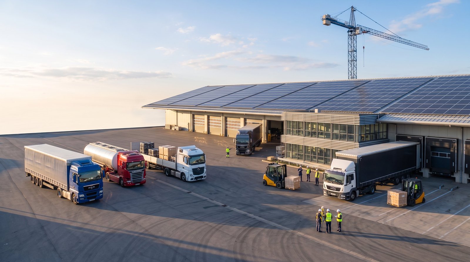 Firmengelände mit Produktionshalle, Photovoltaik auf dem Dach und Logistikbetrieb