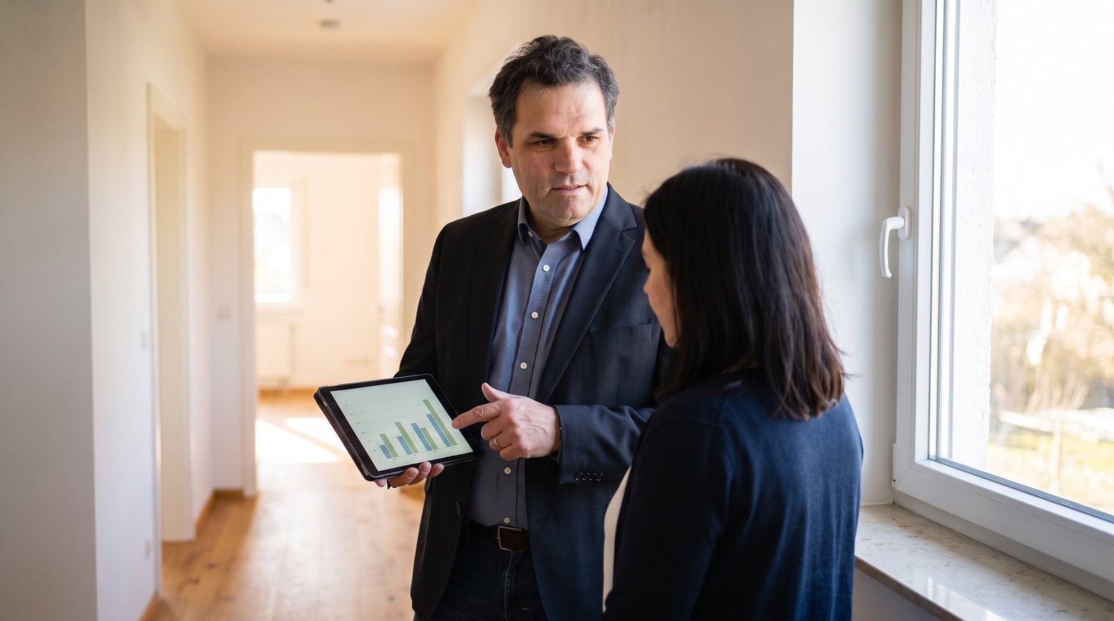 Energieberater Peter Wünsch erläutert einer Kundin die Fördermöglichkeiten anhand einer Auswertung auf dem Tablet