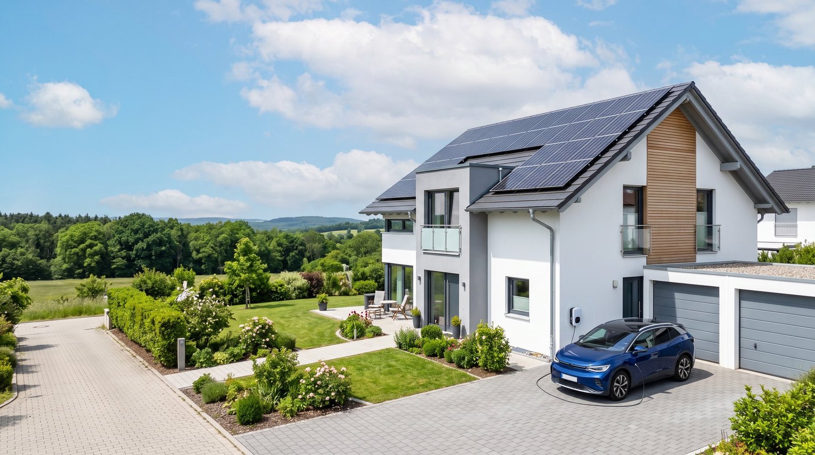 Wohnhaus mit Photovoltaik auf dem Dach und ladendem Elektroauto