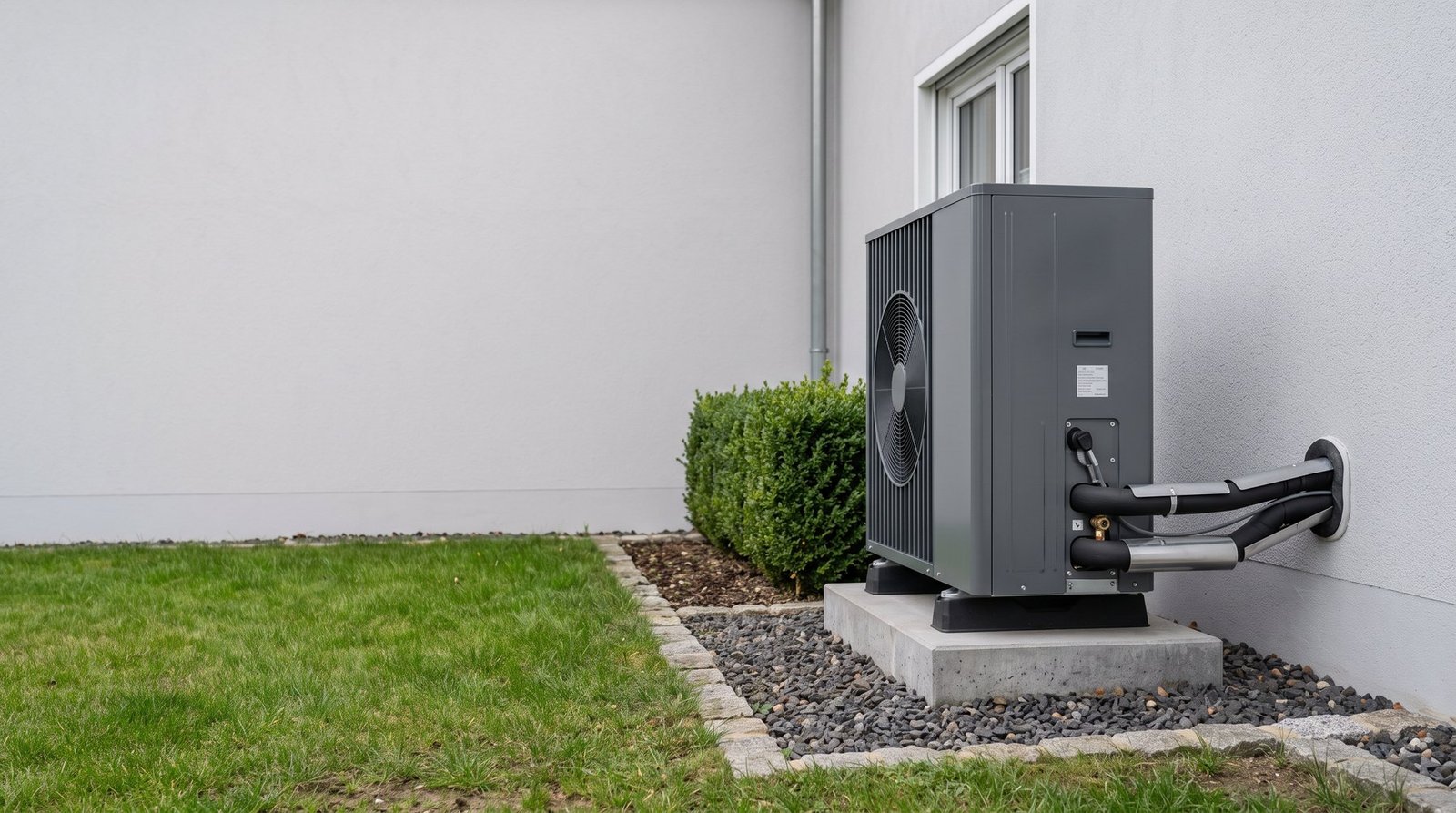 Luft-Wärmepumpe an der Außenwand eines Wohnhauses